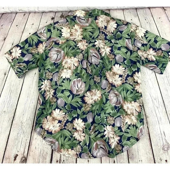 VTG Floral Button Up Blouse Top SMALL Short Sleeve Lighthouse Point Green Pink - Picture 6 of 12